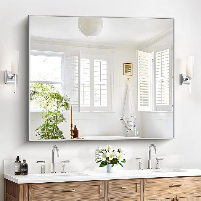 40x48inch Silver Bathroom Mirror, Silver Rectangle Mirror with Frame, Large Rectangular Wall Mirrors for Bathroom, Living Room, Hair Salon, Big Farmhouse Mirror Hang Horizontal/Vertical