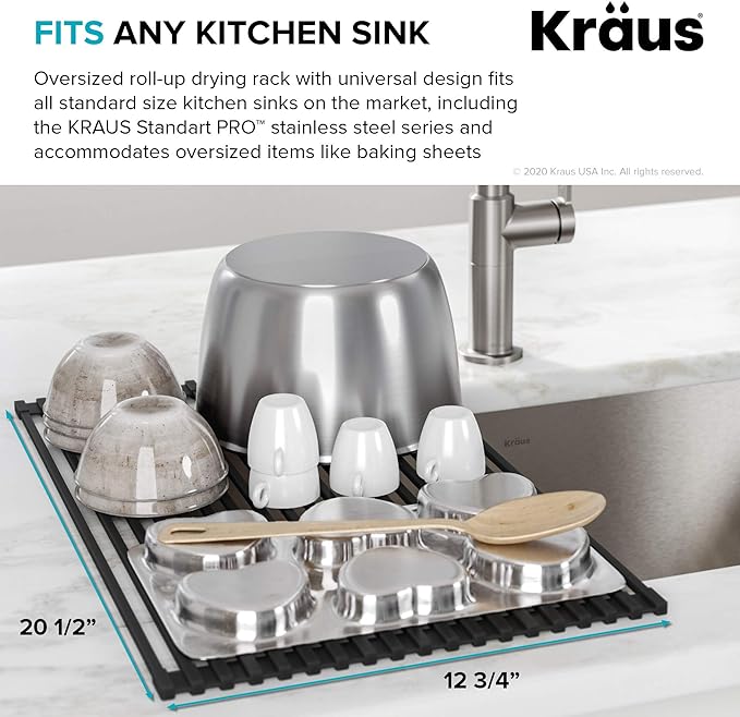 Kraus Multipurpose Over-Sink Roll-Up Dish Drying Rack, Colander and Trivet in Light Grey, KRM-10GREY
