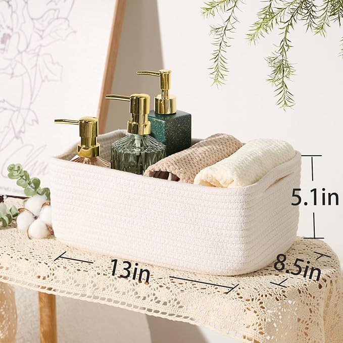 Small Storage Baskets for Organizing | Closet Organizer Bins | Shelf Toy Basket | Woven Rope Baskets | Cube Decorative Box | Shallow Basket | 13x8.5x5.1” | 4 Packs Off White