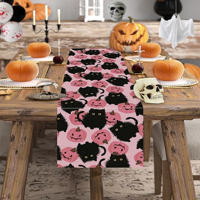 Halloween Table Runner Black Cat Pink Pumpkins Seasonal Kitchen Dining Table Home Outdoor Party Decorations 13x60 Inch