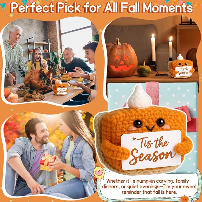 Tis The Season Fall Decor | Mini Crochet Pumpkin Pie Plush | Small Handmade Autumn Halloween Thanksgiving Items for Home Office Indoor Table Decoration Christmas Stocking Stuffer Ornament