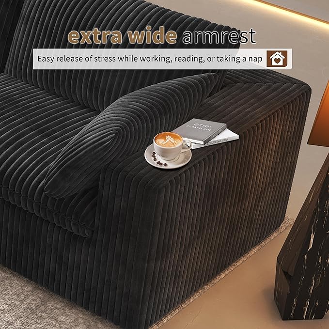 118" L Shaped Modern Sofa Modular Sectional Cloud Couch with Ottoman,Deep Seat Upholstered Couches with Plush Corduroy Fabric for Living Room Furniture,Bedroom and Apartment,No Assembly Required,Black