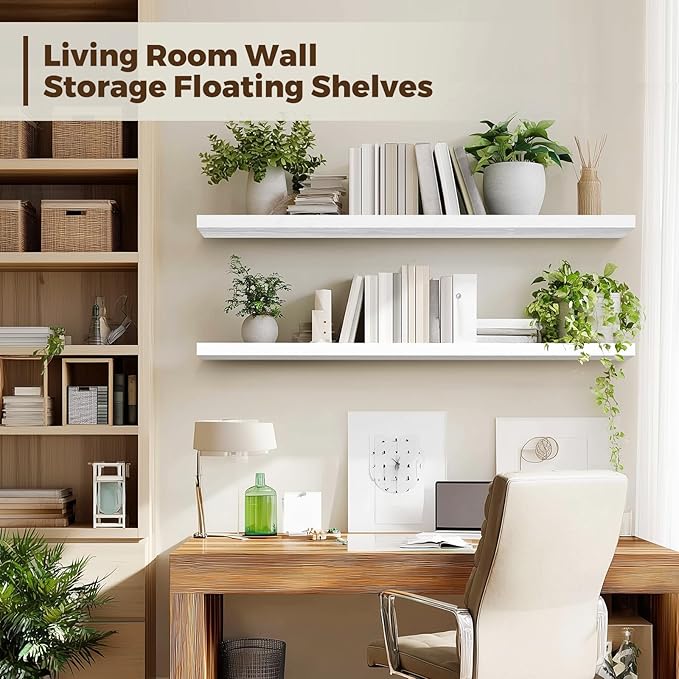 Floating Wall Shelves 2-Pack - 36-Inch Rustic White Wooden Shelves for Storage and Décor, Easy Installation for Living Room, Bedroom, and Kitchen