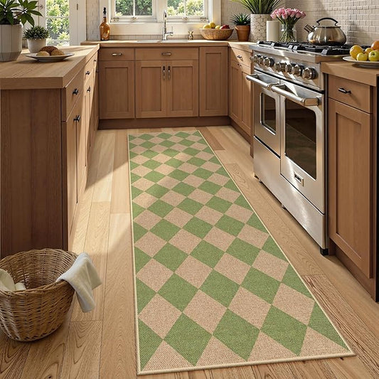 Lahome Checkered Green Runner Rug, 2x8 Carpet Runners for Hallway 8ft Non Slip Entryway Rug, Farmhouse Checkerboard Non Shedding Kitchen Mats for Floor Laundry Corridor