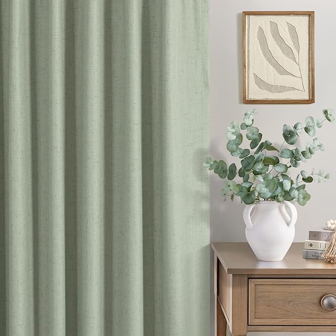 Light Sage Green Linen Textured Blackout Curtains 102 Inch Length 2 Panel Back Tab Sound Draft Cold Sun Blocking Winter Curtains Noise Reducing Retro Moody Drapes Living Room Divider Bedroom 102 Long