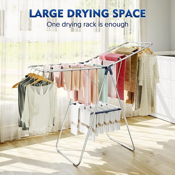 APEXCHASER Clothes Drying Rack, Drying Rack Clothing with Height-Adjustable, Foldable Gullwings Laundry Drying Rack, Indoor Outdoor Use, No Assembly