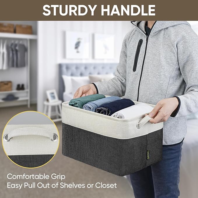 BALEINE 1 Pack Fabric Storage Bins for Shelves, Linen Storage Baskets for Organizing, Decorative Closet Bins for Clothes, Home (Black, 15''x11''x9.5'')