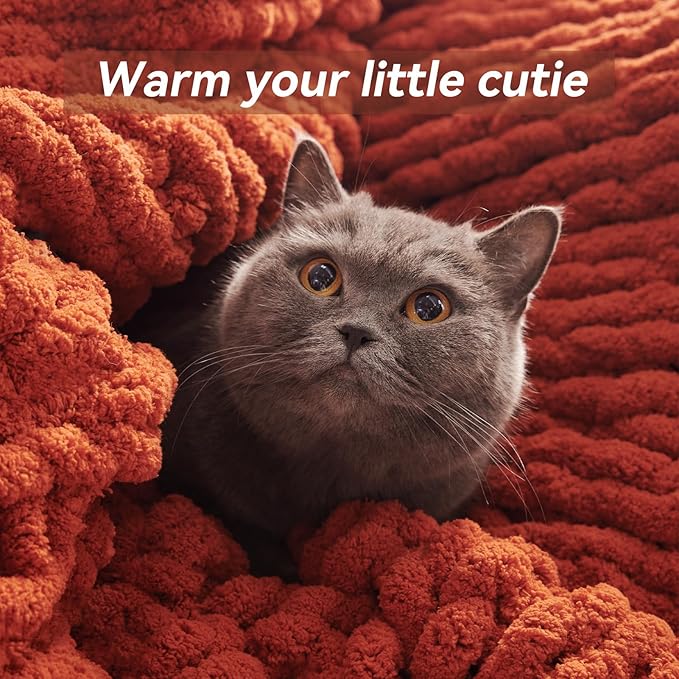 Chunky Knit Throw Blanket, 30''*40'' Fall Throw Blanket Knitted Chenille Yarn for Bed Couch, Handmade Orange Crochet Big Thick Blanket, Machine Washable Cute Comfy Blankets for Home Decor