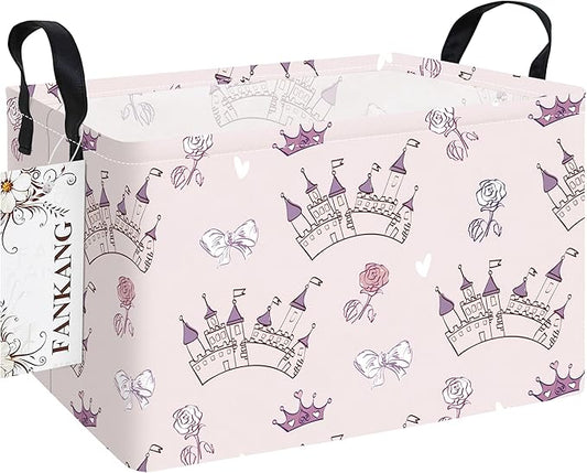 FANKANG Storage Bins, Nursery Hamper Canvas Laundry Basket Foldable with Waterproof PE Coating Large Storage Baskets for Kids Boys and Girls, Office, Bedroom, Clothes,Toys(Rec-Princess Castle