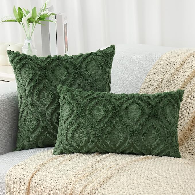 decorUhome Throw Pillow Covers 18x18 Inch Set of 2, Soft Plush Decorative Faux Fur Forest Elf Solid Couch Pillow Covers, Accent Farmhouse Neutral Square Euro Pillow Cases for Sofa Bed Living Room