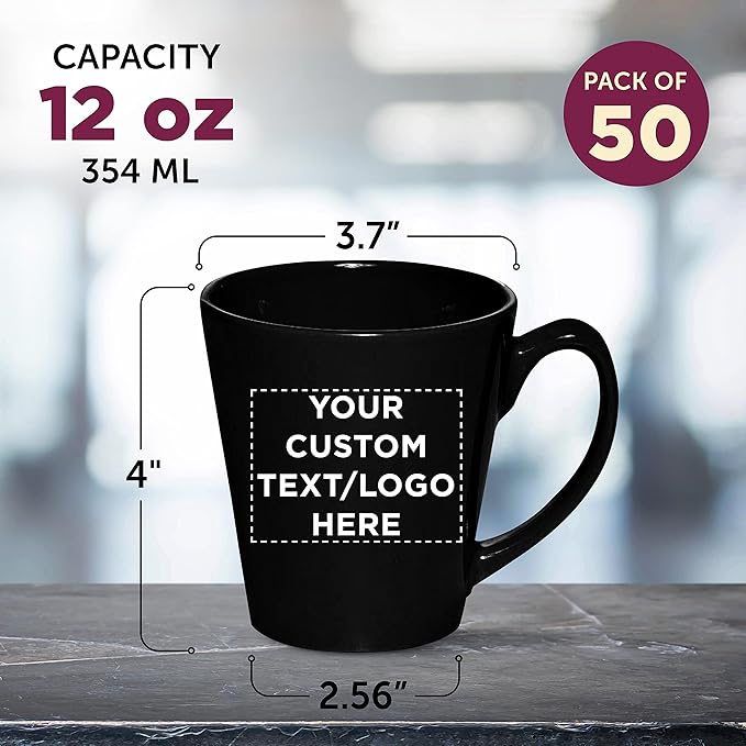 DISCOUNT PROMOS Custom Glossy Ceramic Latte Coffee Mug 12 oz. Set of 50, Personalized Bulk Pack - Perfect for Tea, Espresso, Cappuccino, Hot Cocoa - Black
