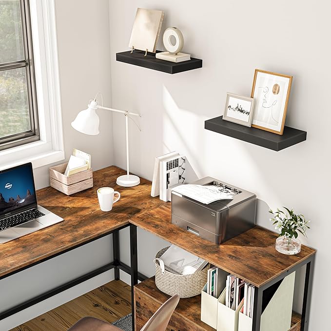 HOOBRO Floating Shelves for Wall, Wall Mounted Shelf Set of 2, 15.7" Hanging Shelf with Invisible Brackets, for Wall in Bathroom, Bedroom, Toilet, Kitchen, Living Room, Office, Black BK40BJ01