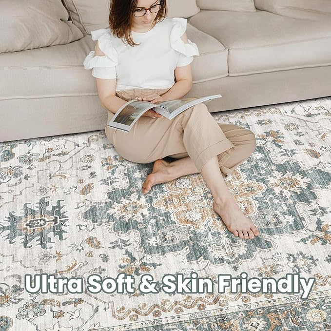 Washable Area Rugs for Living Room - 5x7 Neutral Vintage Distressed Floral Farmhouse Boho Large Soft Floor Rug Indoor Non Slip Carpet for Living Room Bedroom Dining Room Office - Green/Grey