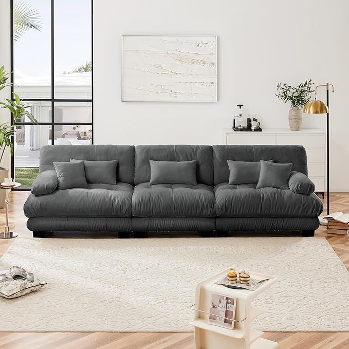 Modular Sectional Sofa Cloud Couch 3-Seater Deep Seat Sofa Couch, Oversized Couch Bed Sectional Couch with Round Bolster Armrests 5 Pillows, Modern Sofa Chair Comfy Couch(Gray)