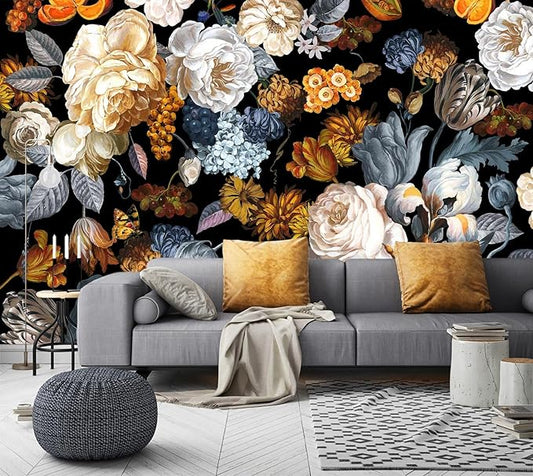 WFBHUA-Black and Gold Floral Wallpaper for Bedroom Vintage Blue Peony Flower Wall Mural (Not Peel and Stick)