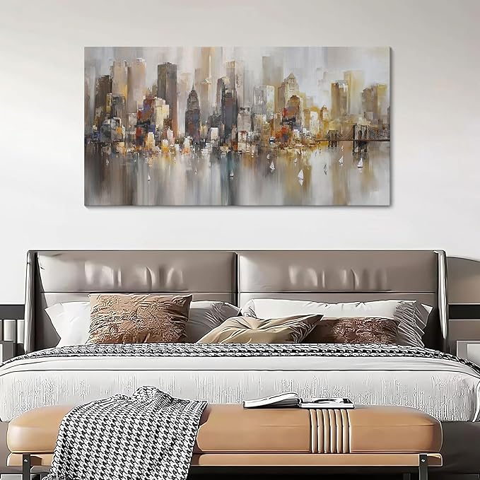New York City Wall Art - Modern Abstract Wall Art for Living Room, Office & Bedroom Cityscape & Paintings for Bedroom brooklyn bridge Wall Art Pictures Wall Decor Chicago Artwork for Walls 24×48IN