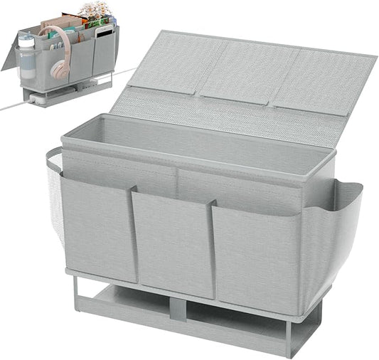 Bedside Caddy, Bed Organizer with 11 Pockets and Power Strip Holder,Versatile Bedside Storage Caddy for Home,Dorm,Bunk,Hospital,Crib Bed (Grey)