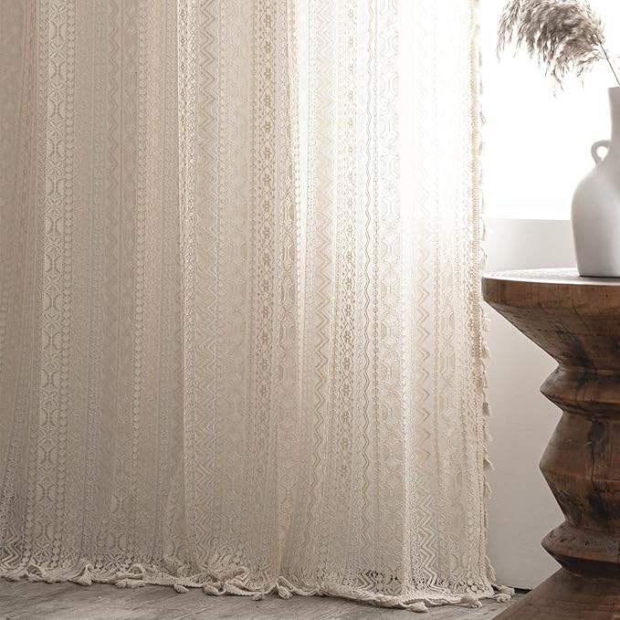 Sutuo Home Crochet Boho Curtain 63 Inches Length, Sheer Lace Handmade Tassels Knitted Window Treatment Vintage Rustic Bohemian Farmhouse Drape for Bedroom Rod Pocket 1 Panel 59" W x 63" L, Beige Wave