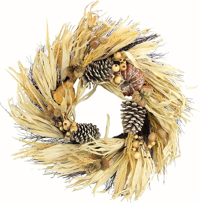 Admired By Nature Pumpkin Wheat Berry Corn Husk Wreath - 24" Artificial Hanging Wreath for Home Decor, Offices, Weddings, Events, Parties, Thanksgiving
