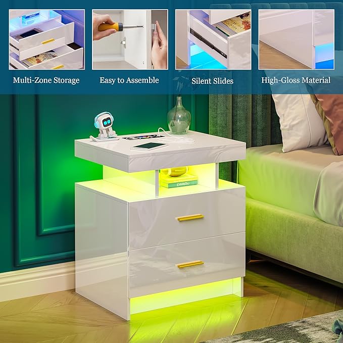 Night Stand with Light, High Gloss Nightstand with USB/Wireless Charging Station, LED White Nightstands with Storage Drawers, RGB Side End Table for Bedroom Furniture（White