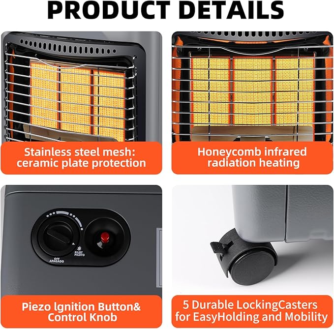 Propane Heater18000 BTU,Outdoor Heater with ODS Tip-over Protection, Propane Radiant Heater with Gas Regulator Hose for Patio,Garage,Camping Up to 450 Sq. Ft