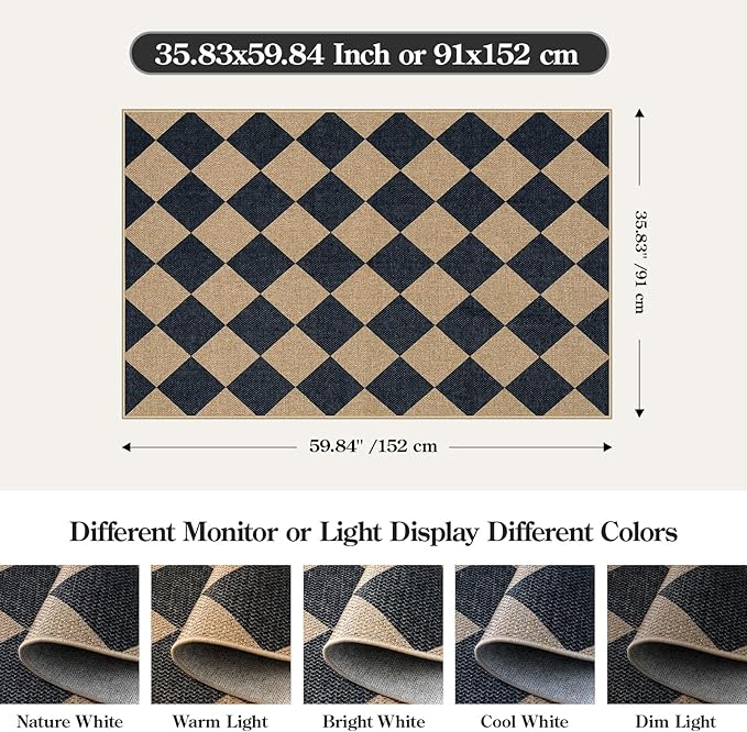 Lahome Checkered Easy Jute 3x5 Outdoor Patio Rug, Washable Rugs for Entryway Diamond Indoor Outdoor Living Room Carpet, Farmhouse Neutral Non Slip Black Door Carpet for Backyard Bedroom
