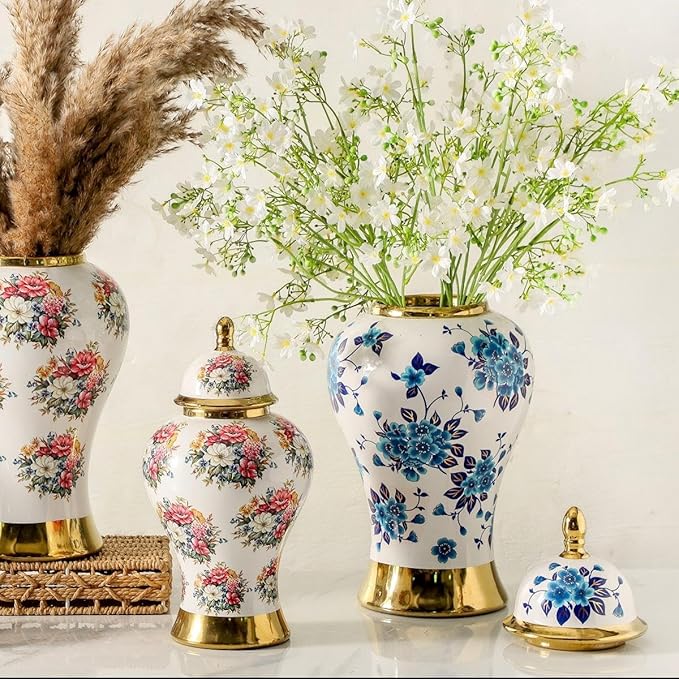 Ginger Jars for Home Decor, White and Gold Vase, Porcelain Ginger Jar Chinoiserie Blue and White Vase with Gold Trim and Floral Pattern, Ceramic Flower Vase for Home, Temple and Storage Jars(12in)