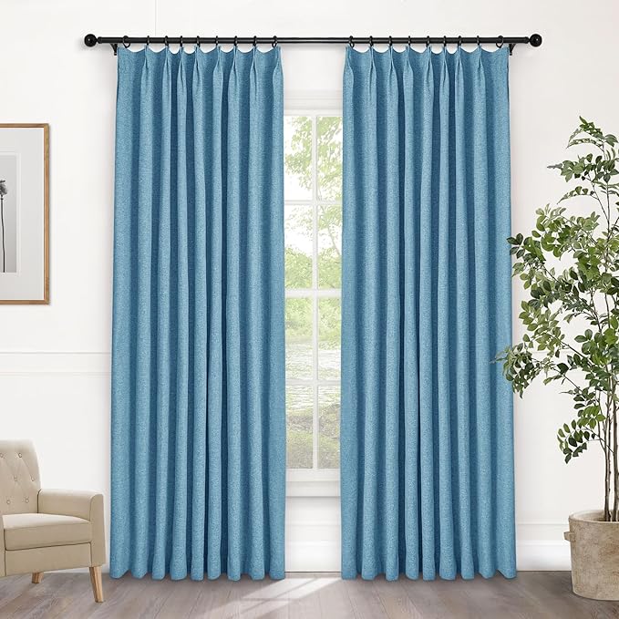 Macochico Pinch Pleated Full Blackout Curtains for Bedroom Living Room Blue Linen Curtains Thermal Insulated and Noise Reducing Window Panels with Tieback Shabby Chic Decor 84”Wx84”L 1 Panel