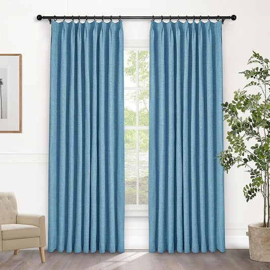 Macochico Pinch Pleated Full Blackout Curtains for Bedroom Living Room Blue Linen Curtains Thermal Insulated and Noise Reducing Window Panels with Tieback Shabby Chic Decor 84”Wx84”L 1 Panel