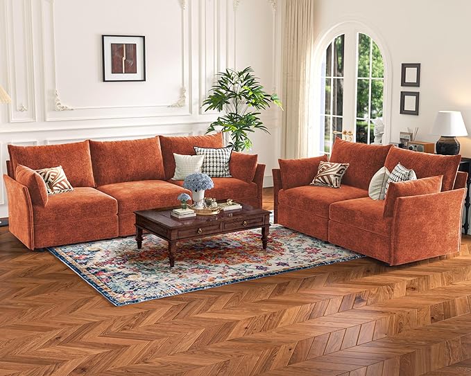 102.6" Modular Sectional Sofa, Oversized 3-Seater Terracotta Orange Couch with Removable Chenille Fabric Cover, Deep Seat & High Backrest for Living Room, Office & Apartment
