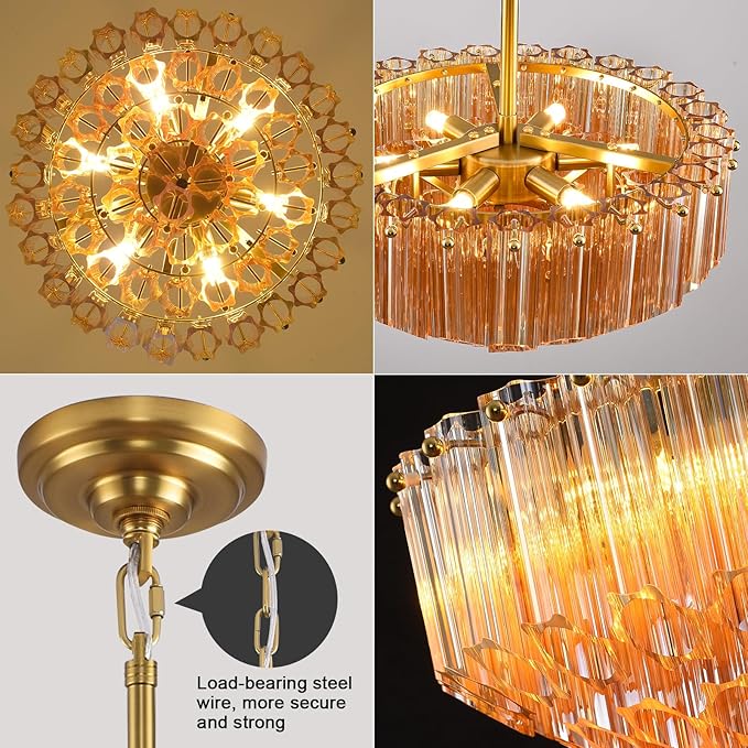 Modern Amber Glass Chandelier, 14" Round Crystal Dining Room Pendant Light Chandelier, Luxury Brass Hanging Fixture for Bedroom, Gold Kitchen Island Light, Dimmable Small Ceiling Lighting Chandeliers