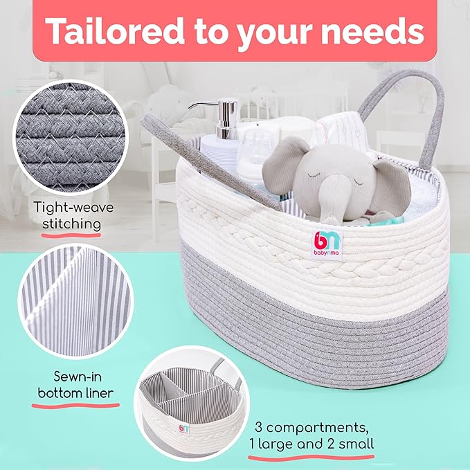 Rope Diaper Caddy - Storage for Baby and Toddler Items - Portable Cotton Organizer Easily Holds Diapers, Wipes, Clothing - Useful for Nursery, Bedroom (Gray, Extra Large)