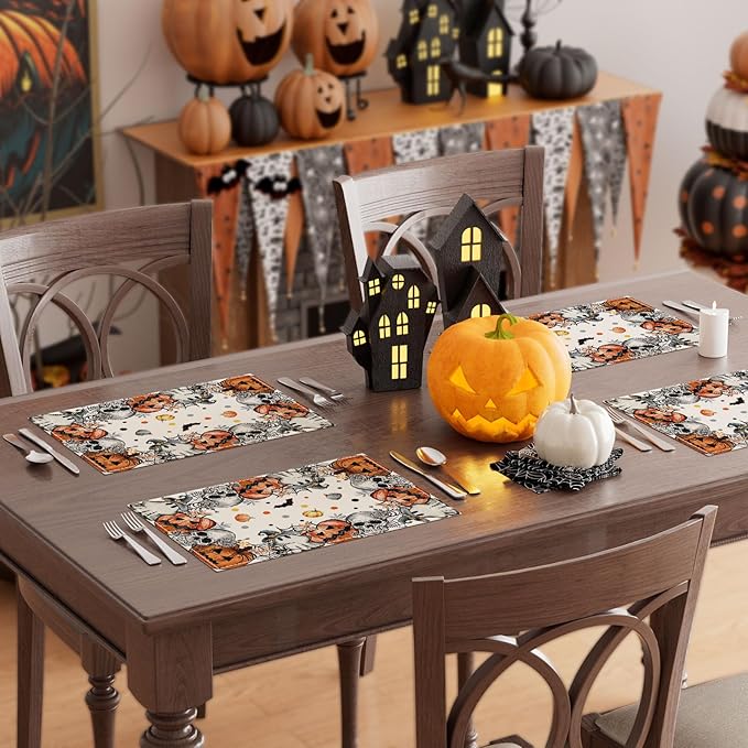 XCHI Spooky Skeleton Ghost Pumpkin Halloween Placemats Set of 4 Table Mats for Party Home Kitchen Dining Table Decorations 12x18 Inch