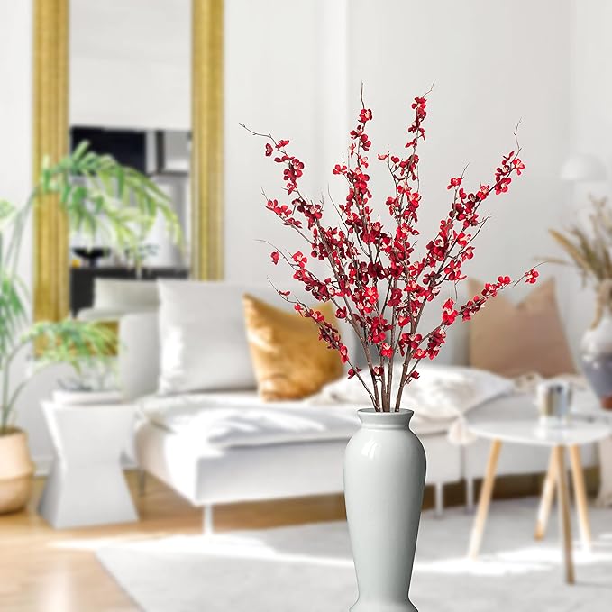 4Pcs Cherry Blossom Branches Artificial Flowers for Spring Summer Indoor Decoration,Faux Long Stem Artificial Flowers for Wedding Home Office Bedroom Party Table Centerpieces Decor(Red)