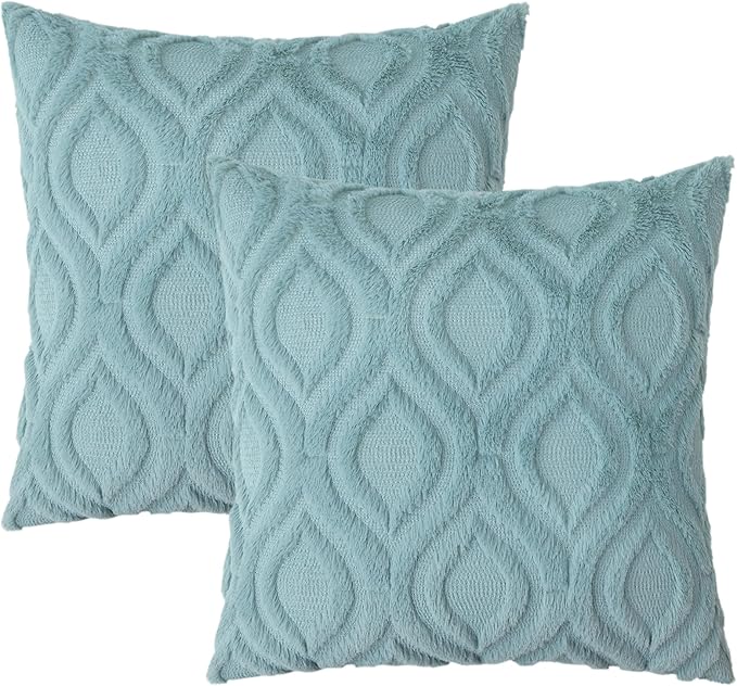 decorUhome Fall Throw Pillow Covers 16x16 Inch Set of 2, Soft Plush Decorative Faux Fur Aqua Solid Couch Pillow Covers, Accent Farmhouse Neutral Square Euro Pillow Cases for Sofa Bed Living Room