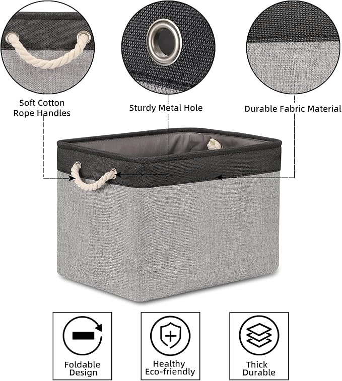 Bidtakay Fabric Storage Baskets with Handles [2-Pack] Large Canvas Organizer 16" X 11.8" X 11.8" Foldable Tall Baskets Rectangular Gift Basket Decorative Storage Bins for Closet, Home(Black&Grey)