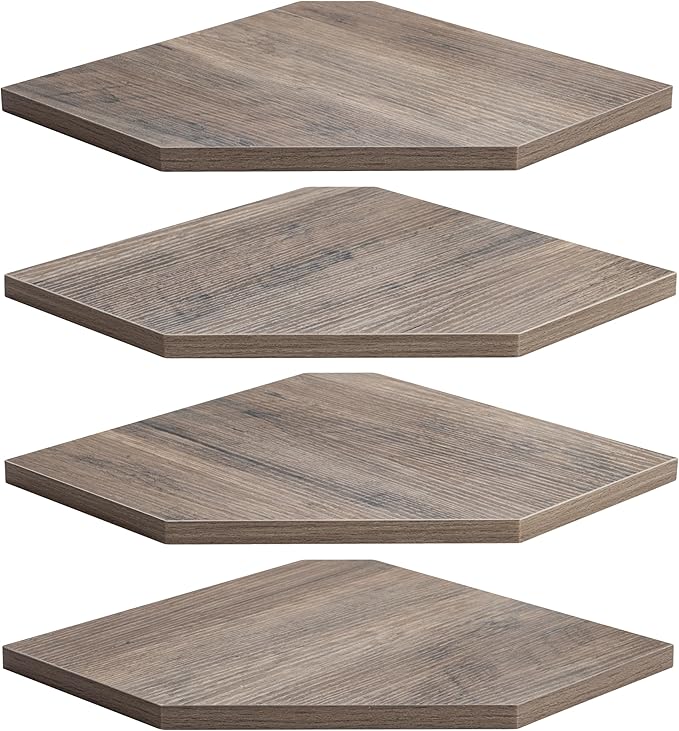 Corner Shelf Wall Mount, Corner Floating Shelves, Set of 4 Corner Wall Shelf Organizer, Rustic Wood Wall Storage Display Shelves for Living Room Bedroom Bathroom Kitchen, Rustic Grey