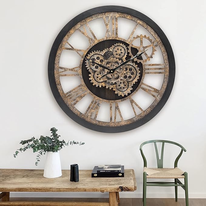 HOIBAI Wall Clock, Large Wall Clocks for Living Room Decor 18 Inch Battery Operated Silent Non-Ticking Modern Farmhouse Vintage Roman Big Wall Clock for Home Bedroom House, Moving Gears Clock