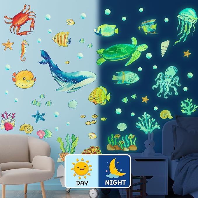 Ocean Fish Wall Decals Glow in The Dark, Removable Sea Turtle Wall Stickers, Luminous Wall Decor for Nursery Playroom Bedroom, Birthday Christmas Gift Decoration