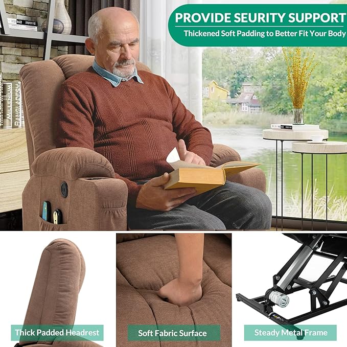 VIVIJASON Power Lift Chair Electric Recliner for Elderly Heated Vibration Massage Fabric Recliner Chair with 2 Remote Controls, Cup Holders, Side Pockets & USB Ports for Living Room (Coffee)