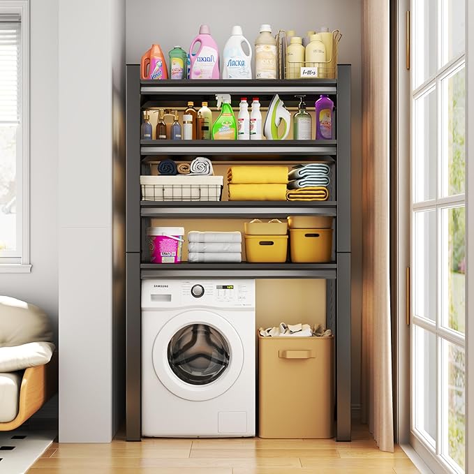 Over Washer and Dryer Storage Shelves,5 Tiers Laundry Room Standing Shelf,Adjustable Metal Shelving Unit,Space Saving Shelf, 63" H x 31.5" W x 15.7" D, Black