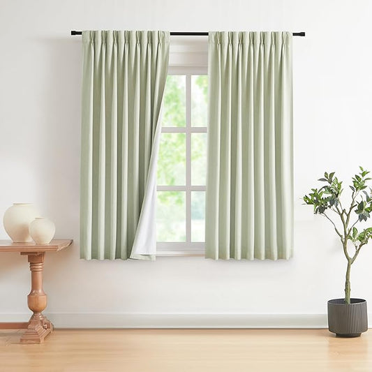 Vision Home Soft Green Pinch Pleated Full Blackout Curtains Linen Blended Room Darkening Curtain Panels 72 inch for Living Room Bedroom Thermal Insulated Pinch Pleat Drapes with Hooks 40" Wx72 Lx2