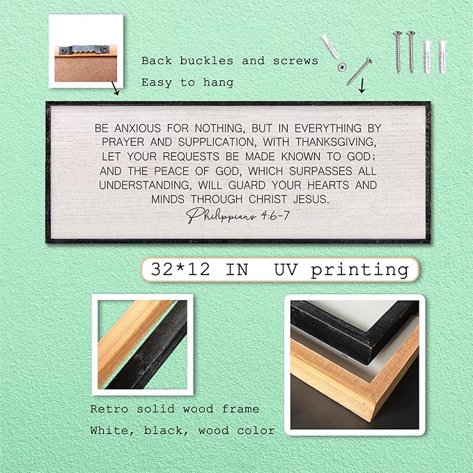 LuZhiQiang Be Anxious for Nothing Wall Decor 32"×12" Philippians 4:6-7 Bible Verse Sign Large Christian Scripture Wood Framed Hanging Decor (Black)