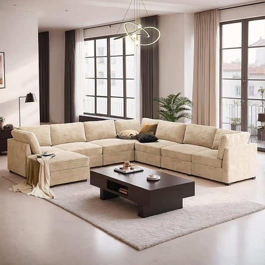 Modular Sectional Sofa with Chaise U Shaped Sectional Couch for Living Room, 8-Seater Comfy Cloud Couches with One Movable Ottoman, Plush Corduroy, Beige