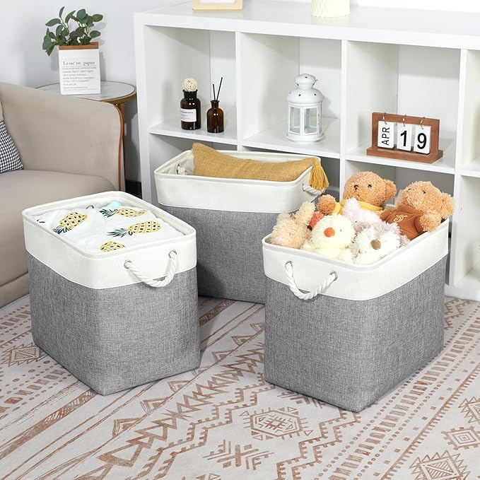 Bidtakay Extra Large Storage Baskets for Organizing 17x12x15.1 inch 3-Pack Fabric Closet Organizers Storage Bins with Handles Foldable Storage Baskets for Shelves Clothes XL-White&Grey