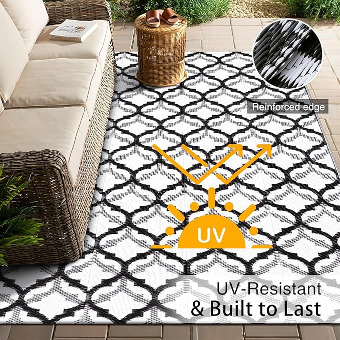 OLANLY Reversible Outdoor Rug 5x8 ft Clearance, Waterproof Outdoor Plastic Straw Rug with Interlacing Pattern, RV Mat for Patio, Camping, Balcony, Deck, Backyard, Black & White