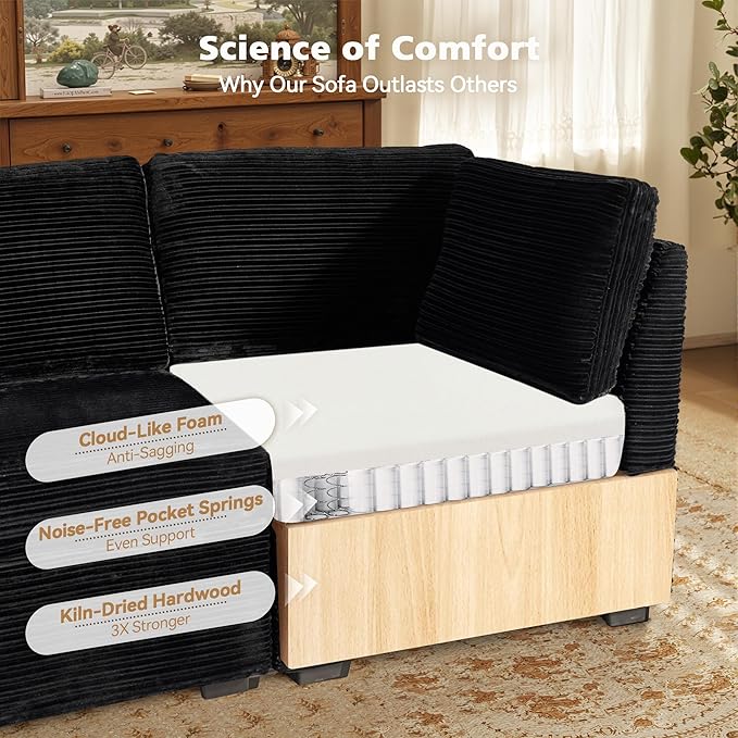 Modular Sectional Sofa, 130.7" L Shaped Couch Set for Living Room, 4-Seater Comfy Cloud Couches with Movable Ottoman, DIY Combination, Plush Corduroy, Black