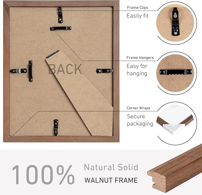 8x10 Picture Frame Natural Solid Walnut Photo Frames with 5x7 Removable Mat Wall Hanging Large Handcrafted Frame with HD Plexiglass Wall and Tabletop Display Large Poster Frame