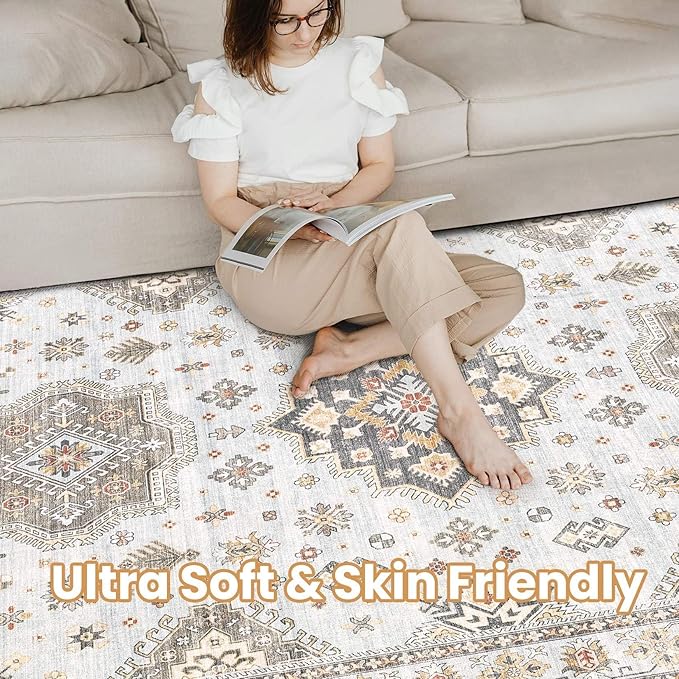 Washable Area Rugs for Living Room -8x10 Neutral Vintage Distressed Floral Farmhouse Boho Large Soft Floor Rug Indoor Non Slip Carpet for Living Room Bedroom Dining Room Office -Blue Brown