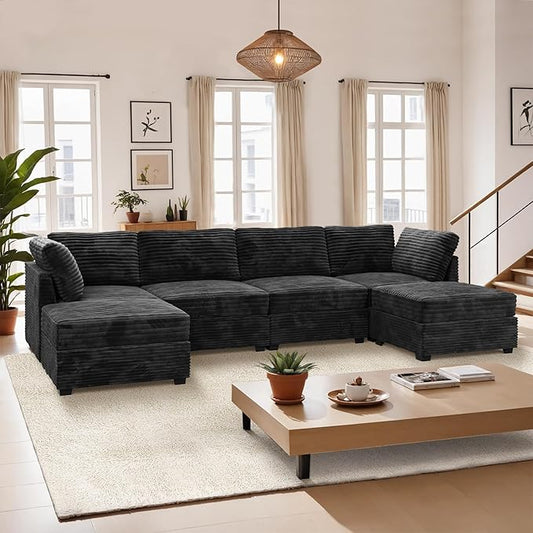 Modular Sectional Sofa, 130.7 Inch U Shaped Couch Set for Living Room, 4-Seater Comfy Cloud Couches with Two Movable Ottoman, Plush Corduroy, Black
